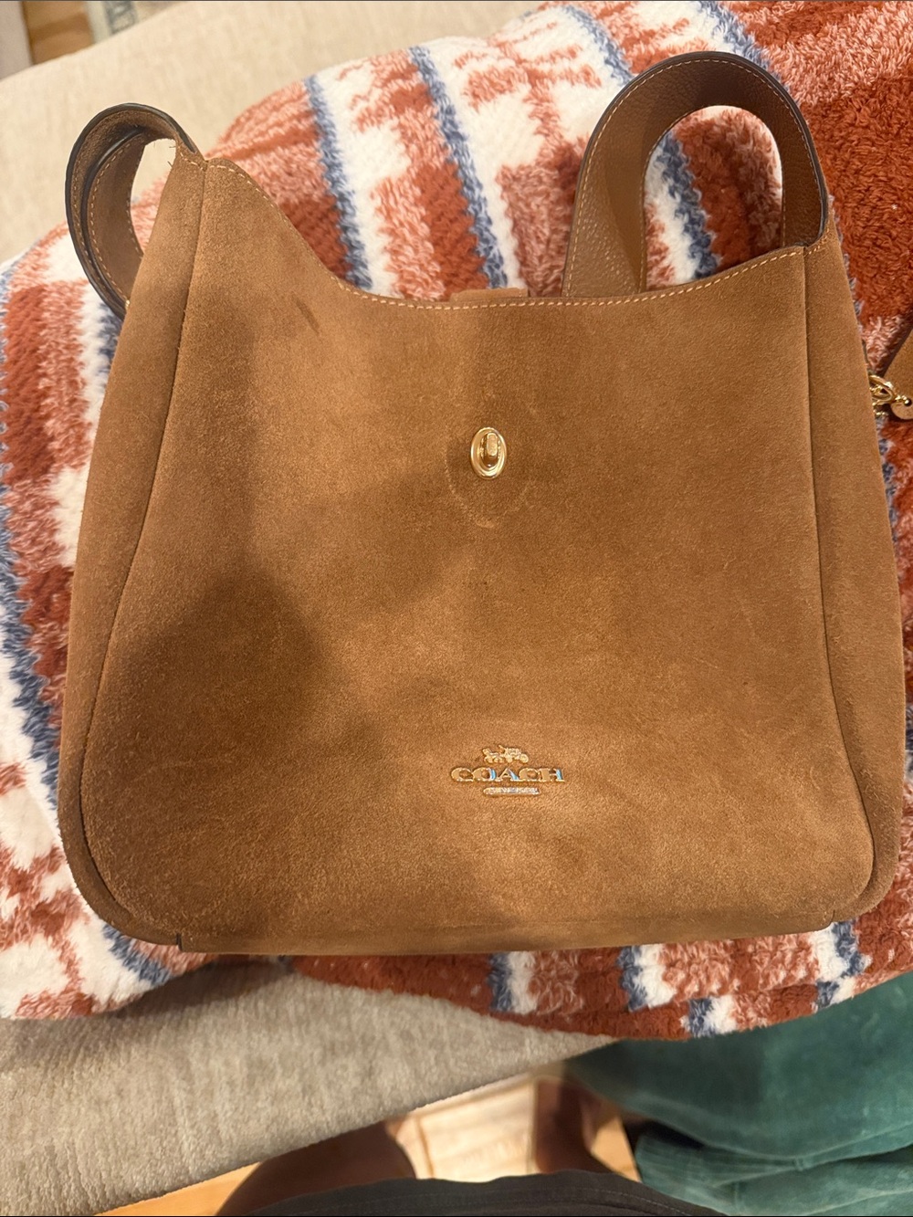 Coach Suede Shoulder Bag in Cognac Brown with Gold Hardware